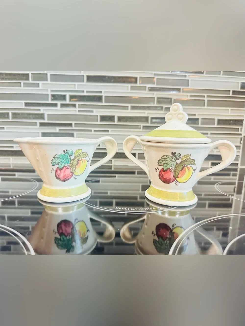 Vtg Metlox Poppytrail Provincial Fruit Green Creamer and Lidded Sugar Bowl